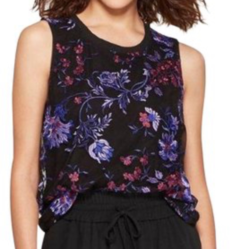 A New Day Embroidered Floral Front Black Top